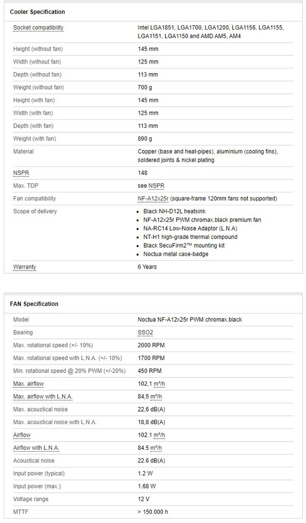 Noctua NH D12L chromax.black Specifications